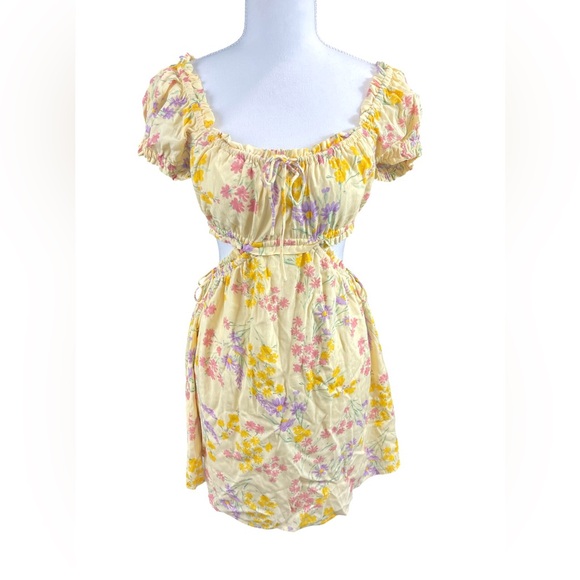 Sabo Skirt Lashara Yellow Crepe Milkmaid Floral Mini Dress coquette romantic - Picture 5 of 12